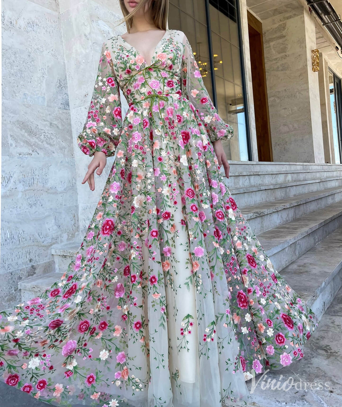 Champagne Floral Blossom Lace Prom Dresses Sheer Long Sleeve V-Neck TO007-prom dresses-Viniodress-Champagne-Custom Size-Viniodress