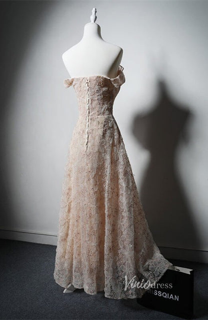 Champagne Floral Lace Prom Dresses Off the Shoulder Formal Dress AD1227-prom dresses 2025 -Viniodress-Champagne-Custom Size-