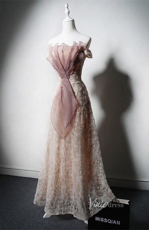 Champagne Floral Lace Prom Dresses Off the Shoulder Formal Dress AD1227-prom dresses 2025 -Viniodress-Champagne-Custom Size-