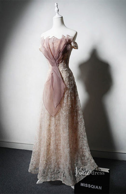 Champagne Floral Lace Prom Dresses Off the Shoulder Formal Dress AD1227-prom dresses 2025 -Viniodress-Champagne-Custom Size-