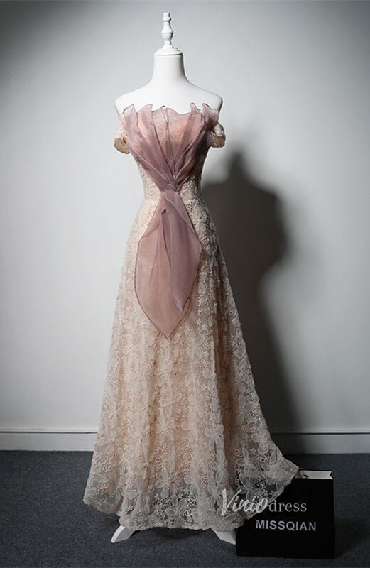 Champagne Floral Lace Prom Dresses Off the Shoulder Formal Dress AD1227-prom dresses 2025 -Viniodress-Champagne-Custom Size-