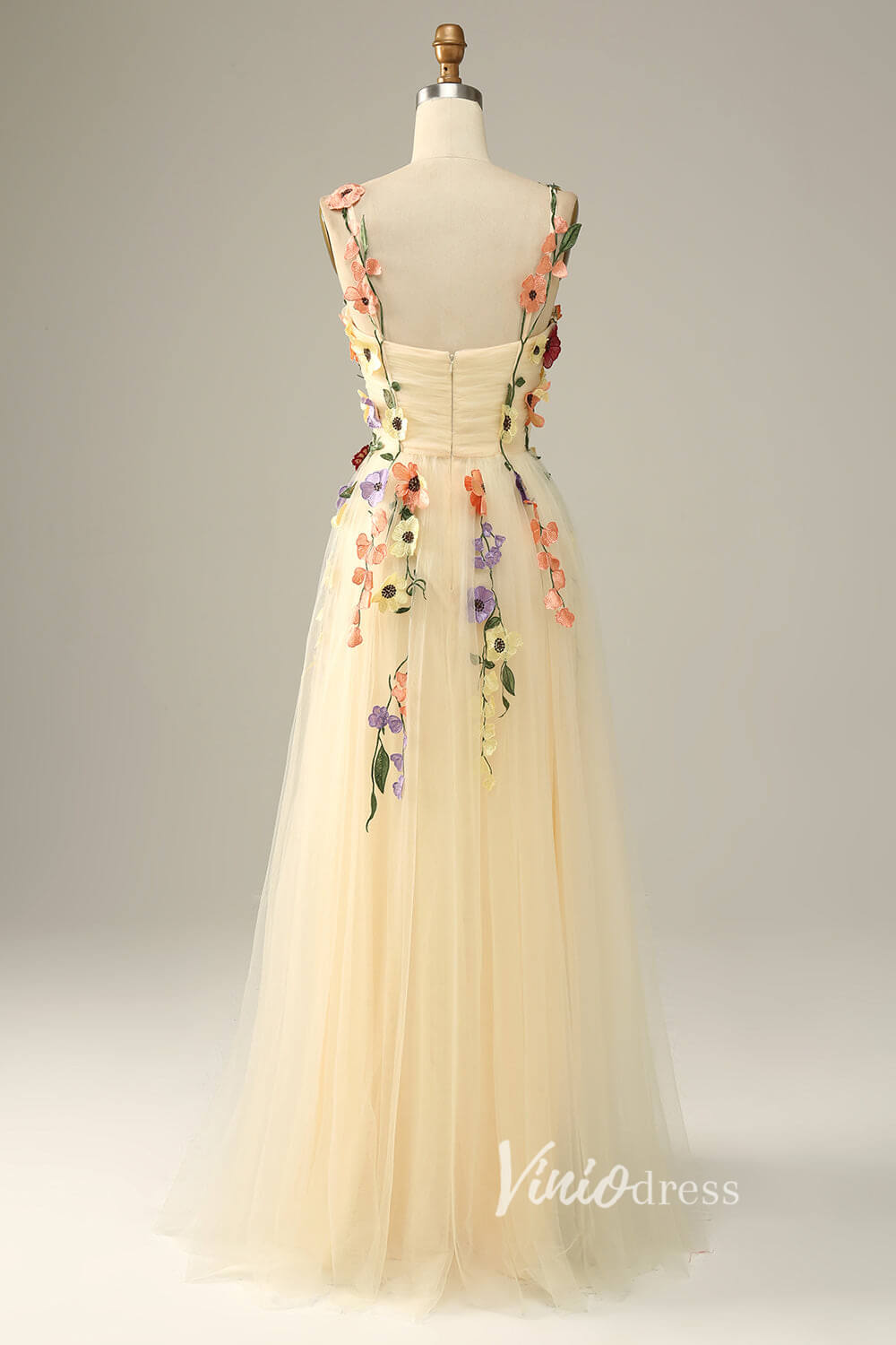 Champagne Floral Lace Prom Dresses Spaghetti Strap Evening Dress SD1441B-prom dresses 2025 -Viniodress-Champagne-Custom Size-