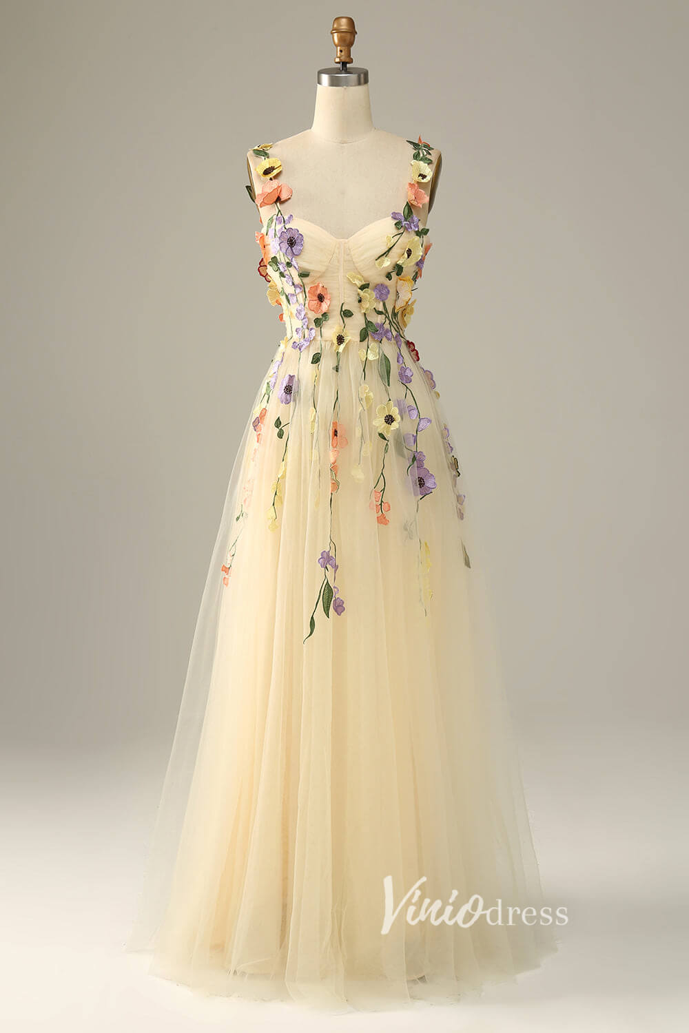 Champagne Floral Lace Prom Dresses Spaghetti Strap Evening Dress SD1441B-prom dresses 2025 -Viniodress-Champagne-Custom Size-