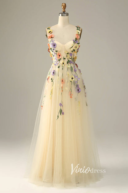 Champagne Floral Lace Prom Dresses Spaghetti Strap Evening Dress SD1441B-prom dresses 2025 -Viniodress-Champagne-Custom Size-