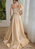 Champagne Floral Lace Satin Prom Dresses with Slit Pockets Bow One Shoulder TO002-prom dresses-Viniodress-Viniodress