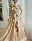 Champagne Floral Lace Satin Prom Dresses with Slit Pockets Bow One Shoulder TO002