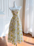 Champagne Floral Print Prom Dresses Beaded Neckline Spaghetti Strap Maxi Dress FD4022
