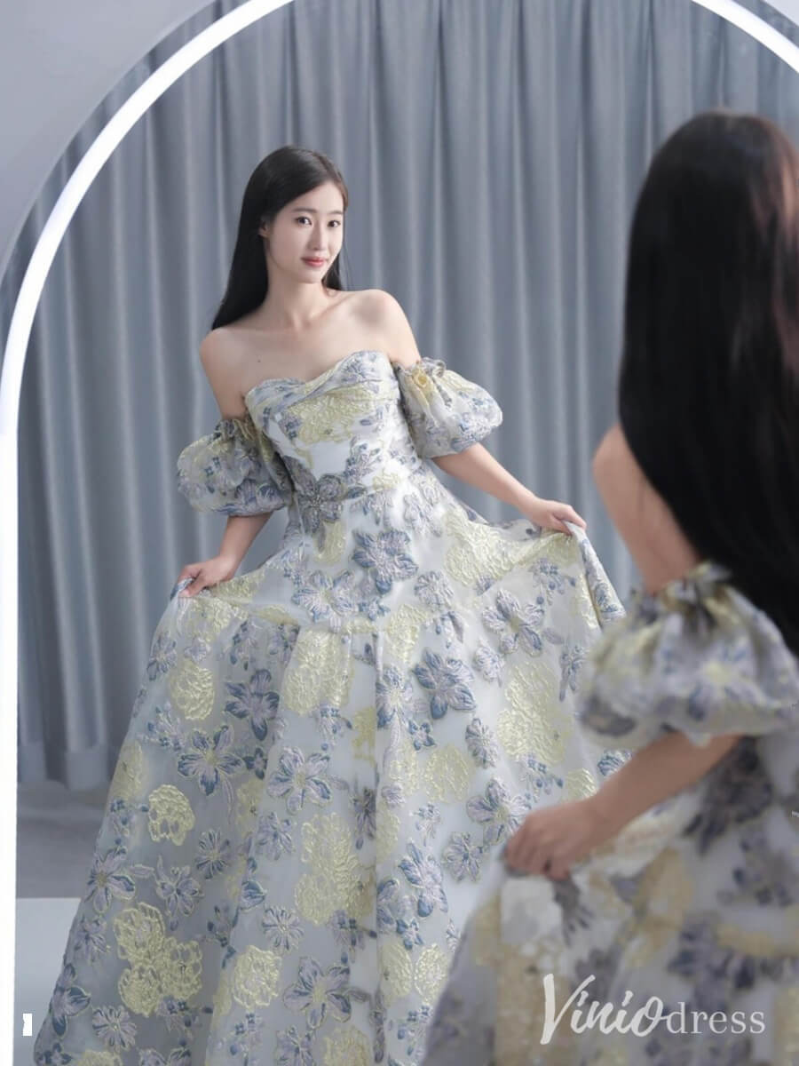Champagne Floral Print Prom Dresses Off the Shoulder Quinceanera Dress AD1318-Quinceanera Dresses 2025 -Viniodress-Champagne-Custom Size-