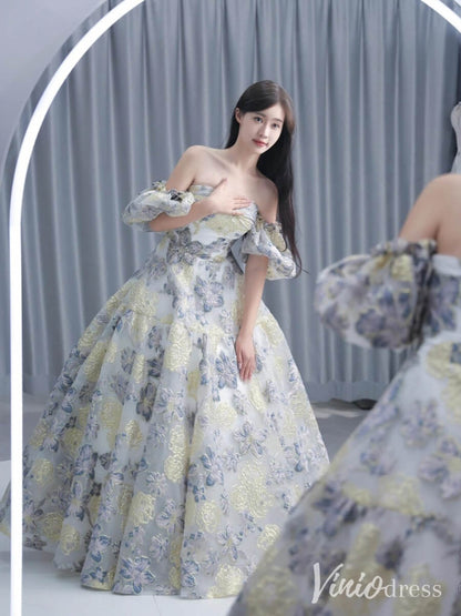 Champagne Floral Print Prom Dresses Off the Shoulder Quinceanera Dress AD1318-Quinceanera Dresses 2025 -Viniodress-Champagne-Custom Size-