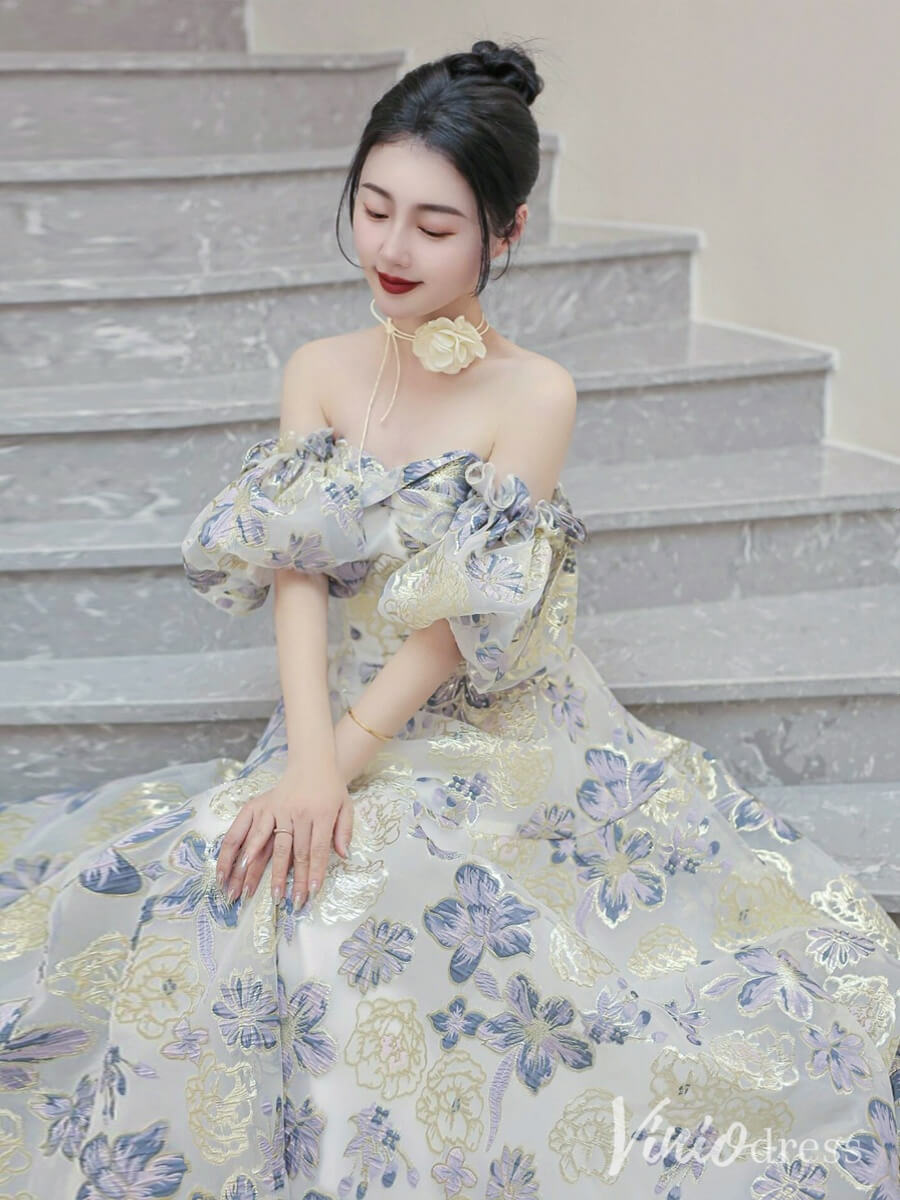 Champagne Floral Print Prom Dresses Off the Shoulder Quinceanera Dress AD1318-Quinceanera Dresses 2025 -Viniodress-Champagne-Custom Size-