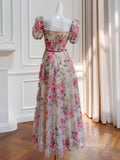 Champagne Floral Print Prom Dresses Puffed Sleeve Maxi Dress FD4033-prom dresses-Viniodress-Viniodress