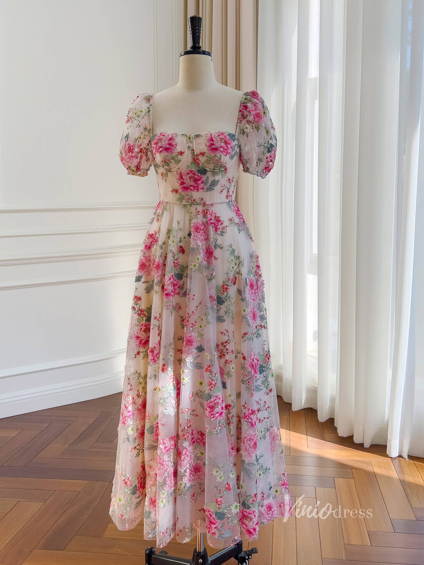 Champagne Floral Print Prom Dresses Puffed Sleeve Maxi Dress FD4033 - Viniodressprom dressesChampagneCustom Size - Formal Dresses - Ball Gowns