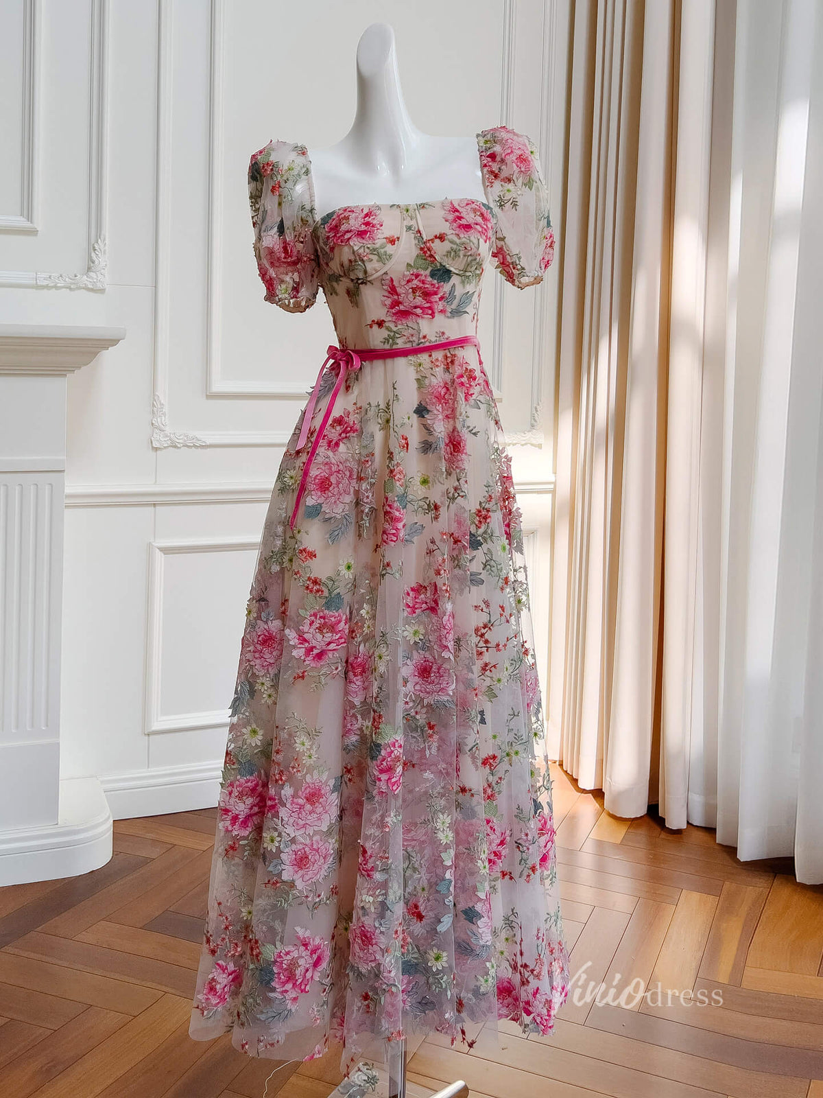 Champagne Floral Print Prom Dresses Puffed Sleeve Maxi Dress FD4033-prom dresses-Viniodress-Champagne-Custom Size-Viniodress