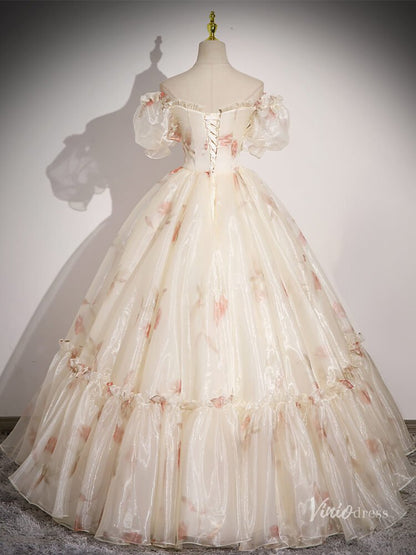 Champagne Floral Prom Dresses Off the Shoulder Organza Quinceanera Dresses BG048-prom dresses 2025 -Viniodress-Champagne-Custom Size-