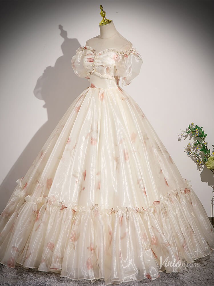 Champagne Floral Prom Dresses Off the Shoulder Organza Quinceanera Dresses BG048-prom dresses 2025 -Viniodress-Champagne-Custom Size-