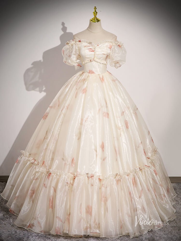 Champagne Floral Prom Dresses Off the Shoulder Organza Quinceanera Dresses BG048-prom dresses 2025 -Viniodress-Champagne-Custom Size-