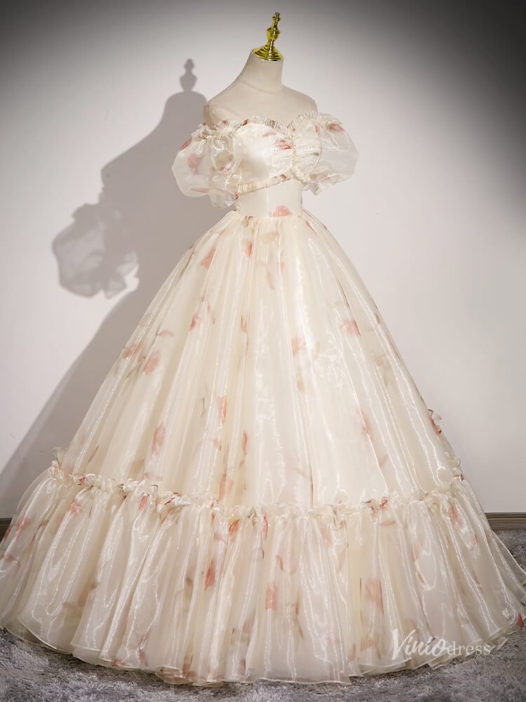 Champagne Floral Prom Dresses Off the Shoulder Organza Quinceanera Dresses BG048-prom dresses 2025 -Viniodress-Champagne-Custom Size-