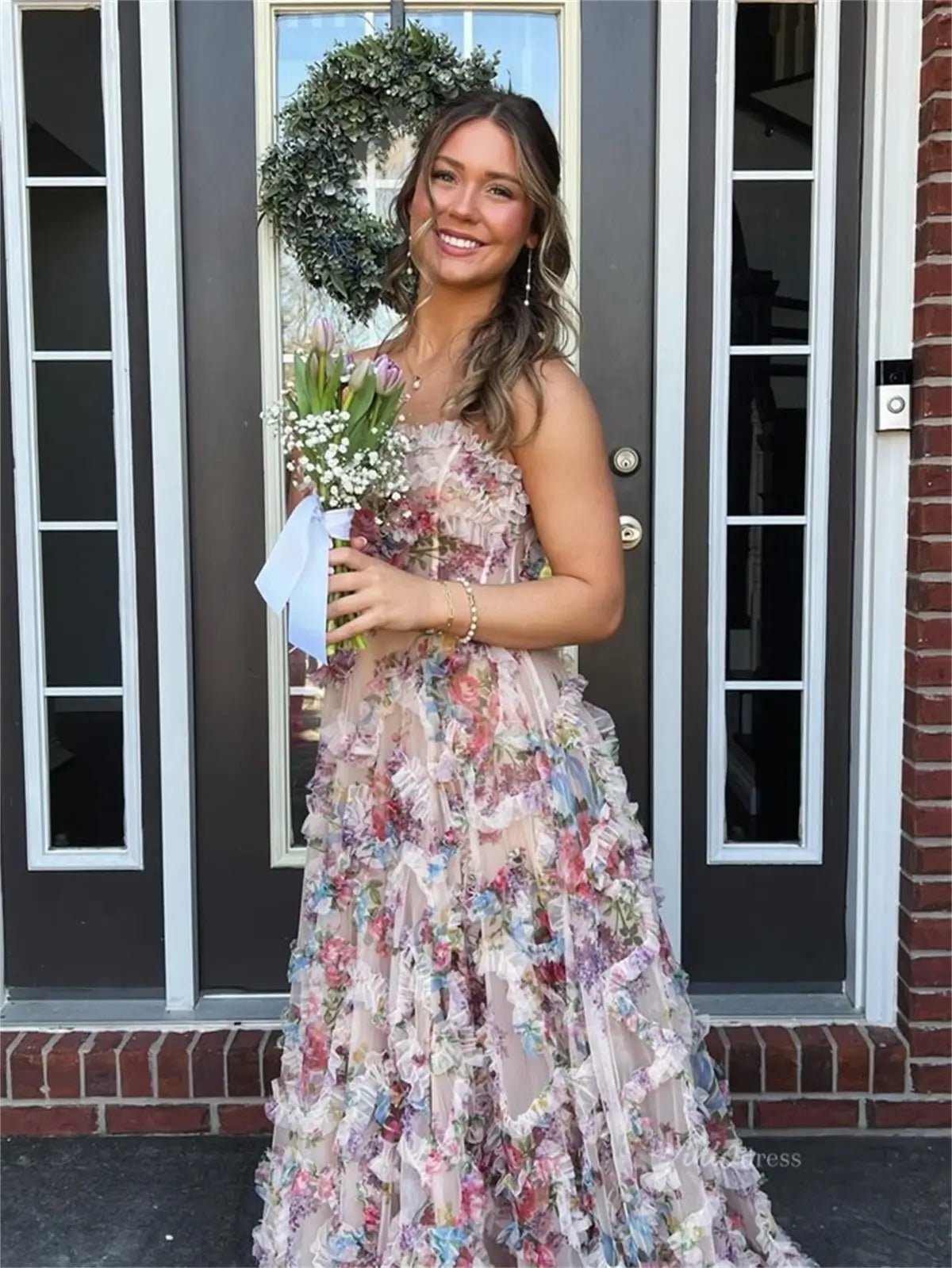 Champagne Floral Ruffled Prom Dresses Strapless Formal Dress - FD5308-prom dresses 2025 -Viniodress-Champagne-Custom Size-