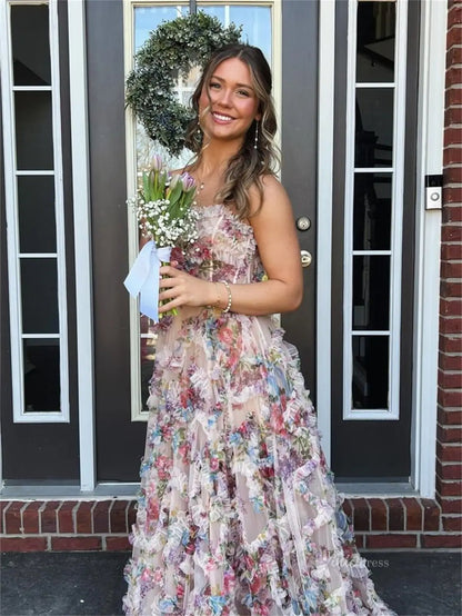 Champagne Floral Ruffled Prom Dresses Strapless Formal Dress - FD5308-prom dresses 2025 -Viniodress-Champagne-Custom Size-