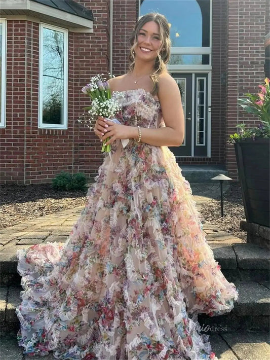 Champagne Floral Ruffled Prom Dresses Strapless Formal Dress - FD5308-prom dresses 2025 -Viniodress-Champagne-Custom Size-