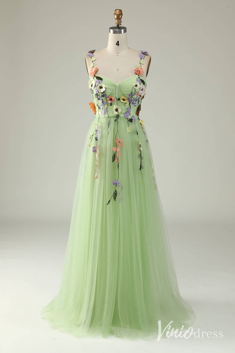 Champagne Floral Spaghetti Strap Prom Dresses Lace Applique Formal Gown AD1100-prom dresses-Viniodress-Green-Custom Size-Viniodress