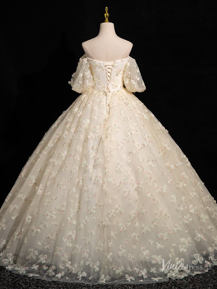 Champagne Floral Sweetheart Prom Ball Gown Off the Shoulder Puffed Sleeve Quinceanera Dresses BG052-prom dresses 2025 -Viniodress-Champagne-Custom Size-