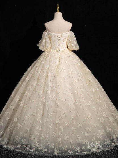 Champagne Floral Sweetheart Prom Ball Gown Off the Shoulder Puffed Sleeve Quinceanera Dresses BG052-prom dresses 2025 -Viniodress-Champagne-Custom Size-