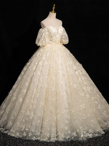 Champagne Floral Sweetheart Prom Ball Gown Off the Shoulder Puffed Sleeve Quinceanera Dresses BG052-prom dresses 2025 -Viniodress-Champagne-Custom Size-