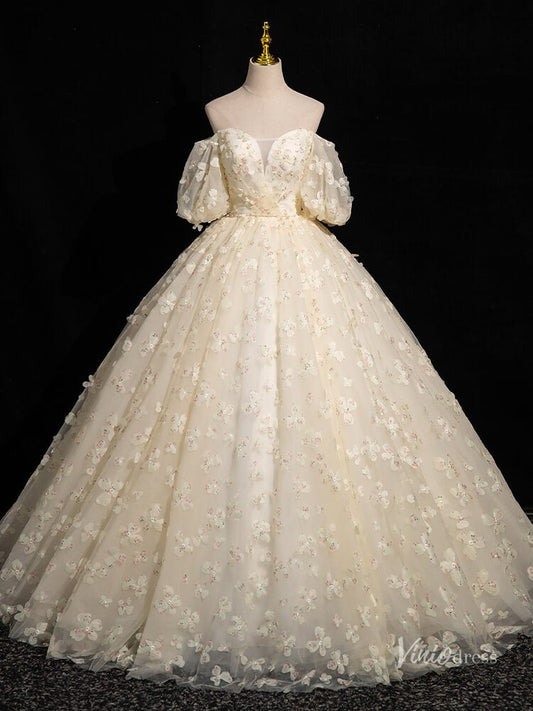 Champagne Floral Sweetheart Prom Ball Gown Off the Shoulder Puffed Sleeve Quinceanera Dresses BG052-prom dresses 2025 -Viniodress-Champagne-Custom Size-