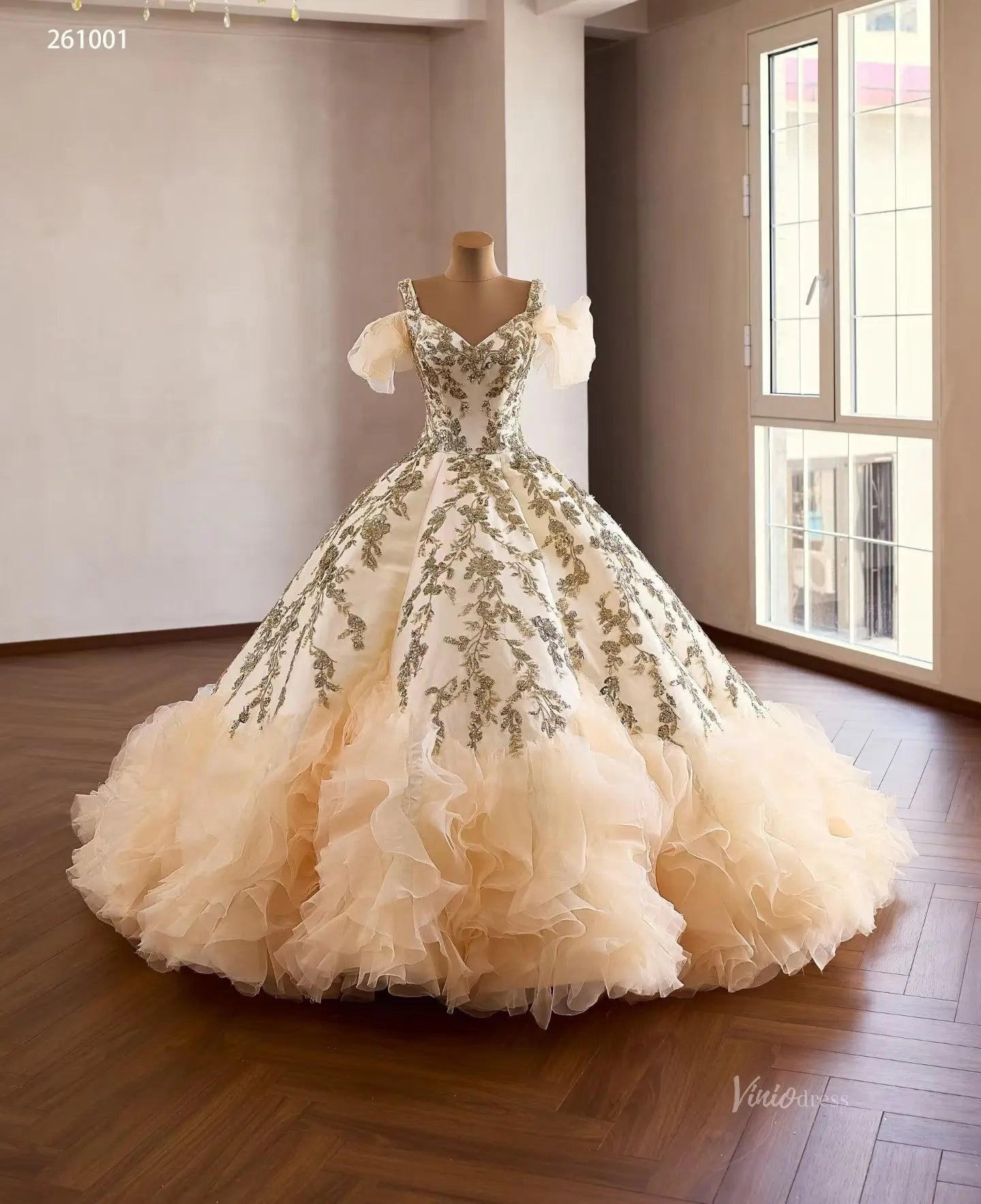 Champagne Gold Appliqu Quinceaera Dress with Puff Sleeves 261001 Viniodress Champagne Gold Appliqu Quinceaera Dress with Puff Sleeves 261001 Viniodress