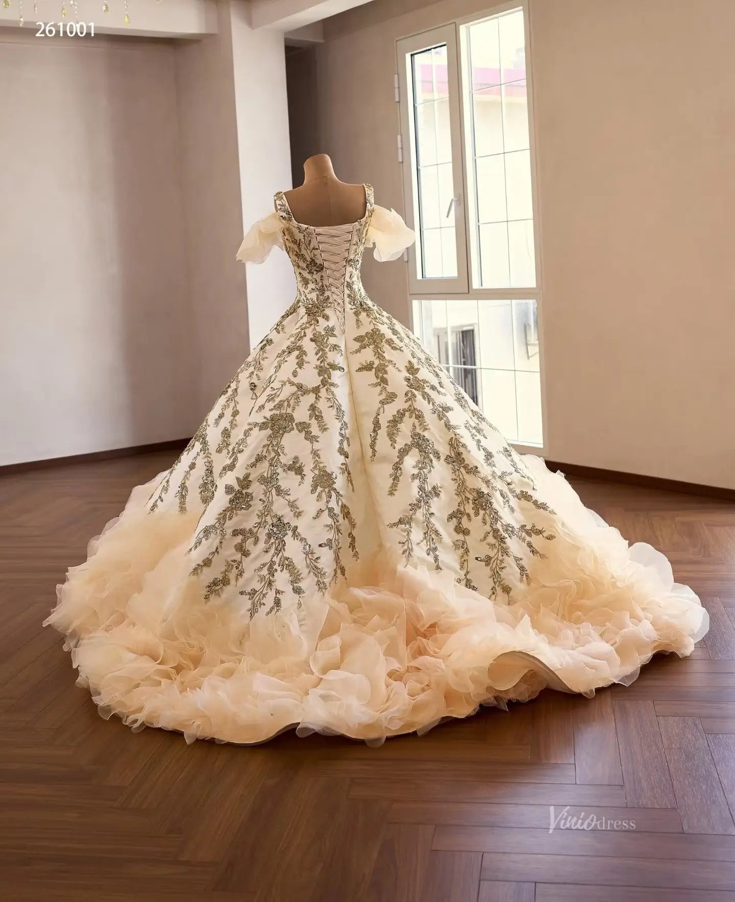 Champagne Gold Appliqu Quinceaera Dress with Puff Sleeves 261001 Viniodress Champagne Gold Appliqu Quinceaera Dress with Puff Sleeves 261001 Viniodress