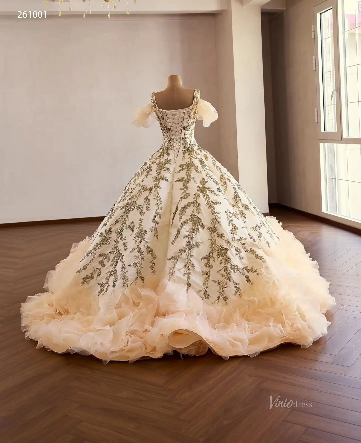 Champagne Gold Appliqu Quinceaera Dress with Puff Sleeves 261001 Viniodress Champagne Gold Appliqu Quinceaera Dress with Puff Sleeves 261001 Viniodress