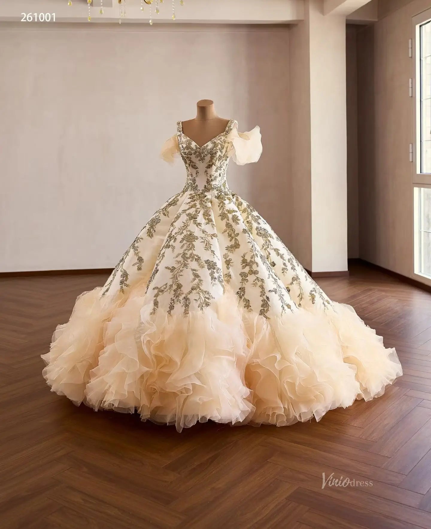 Champagne Gold Appliqu Quinceaera Dress with Puff Sleeves 261001 Viniodress Champagne Gold Appliqu Quinceaera Dress with Puff Sleeves 261001 Viniodress