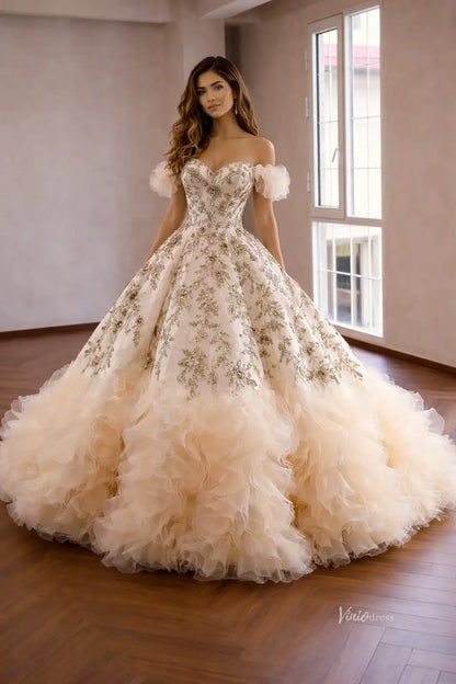 Champagne Gold Appliqué Quinceañera Dress with Puff Sleeves – 261001 – Viniodress Champagne Gold Appliqué Quinceañera Dress with Puff Sleeves – 261001 – Viniodress