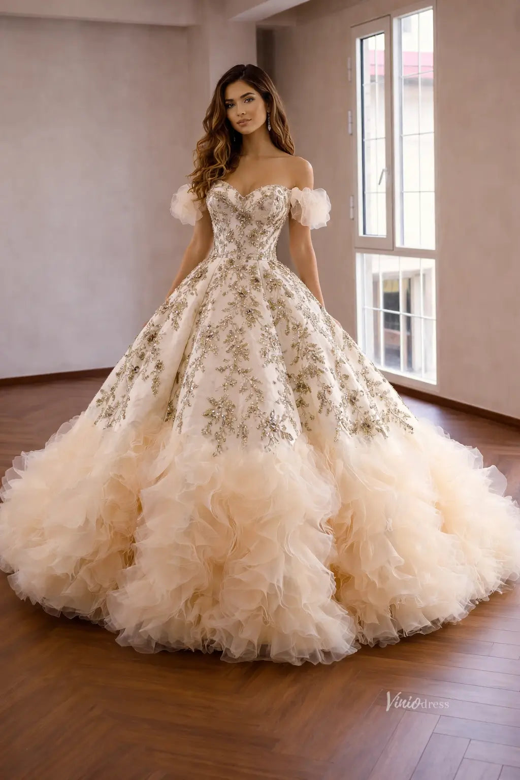 Champagne Gold Appliqué Quinceañera Dress with V-Neck Corset Bodice, Puff Sleeves & Ruffle Hem – 261001-Quinceanera Dresses 2026-Viniodress-Champagne-Custom Size – Add Measurements in Cart-