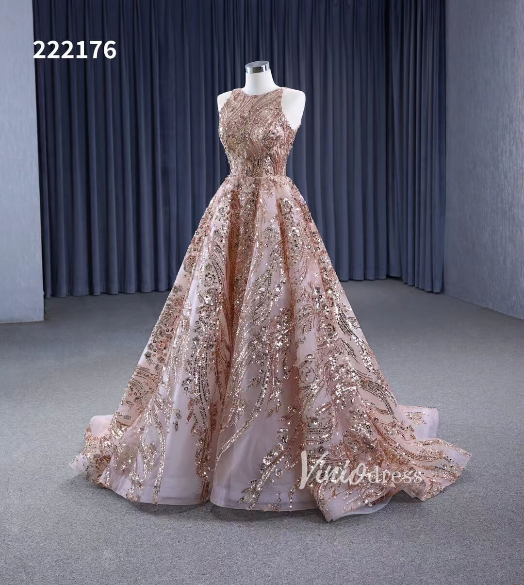 Champagne Gold Sequin Lace Prom Dresses Sleeveless Formal Dress 222176-prom dresses 2025 -Viniodress-Gold-Custom Size-