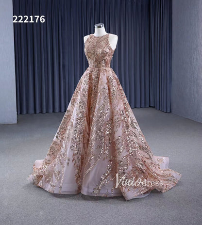 Champagne Gold Sequin Lace Prom Dresses Sleeveless Formal Dress 222176-prom dresses 2025 -Viniodress-Gold-Custom Size-