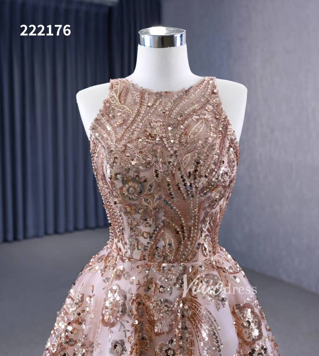Champagne Gold Sequin Lace Prom Dresses Sleeveless Formal Dress 222176-prom dresses 2025 -Viniodress-Gold-Custom Size-