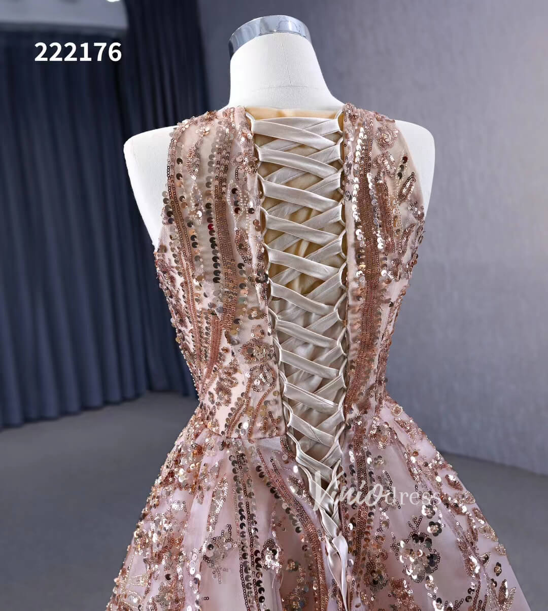 Champagne Gold Sequin Lace Prom Dresses Sleeveless Formal Dress 222176-prom dresses 2025 -Viniodress-Gold-Custom Size-