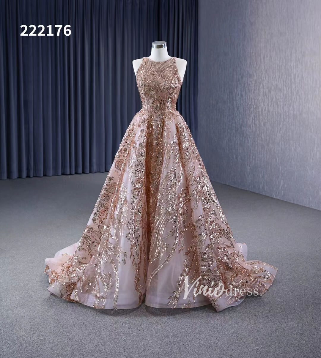 Champagne Gold Sequin Lace Prom Dresses Sleeveless Formal Dress 222176-prom dresses 2025 -Viniodress-Gold-Custom Size-