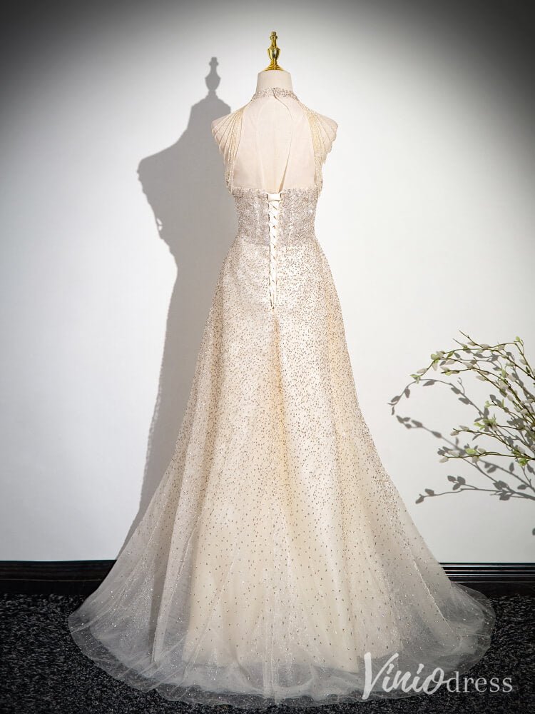 Champagne Halter Neck Prom Dresses Pearl String Evening Dress AD1347-prom dresses 2025 -Viniodress-Champagne-Custom Size-