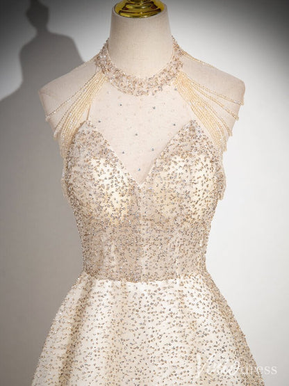 Champagne Halter Neck Prom Dresses Pearl String Evening Dress AD1347-prom dresses 2025 -Viniodress-Champagne-Custom Size-