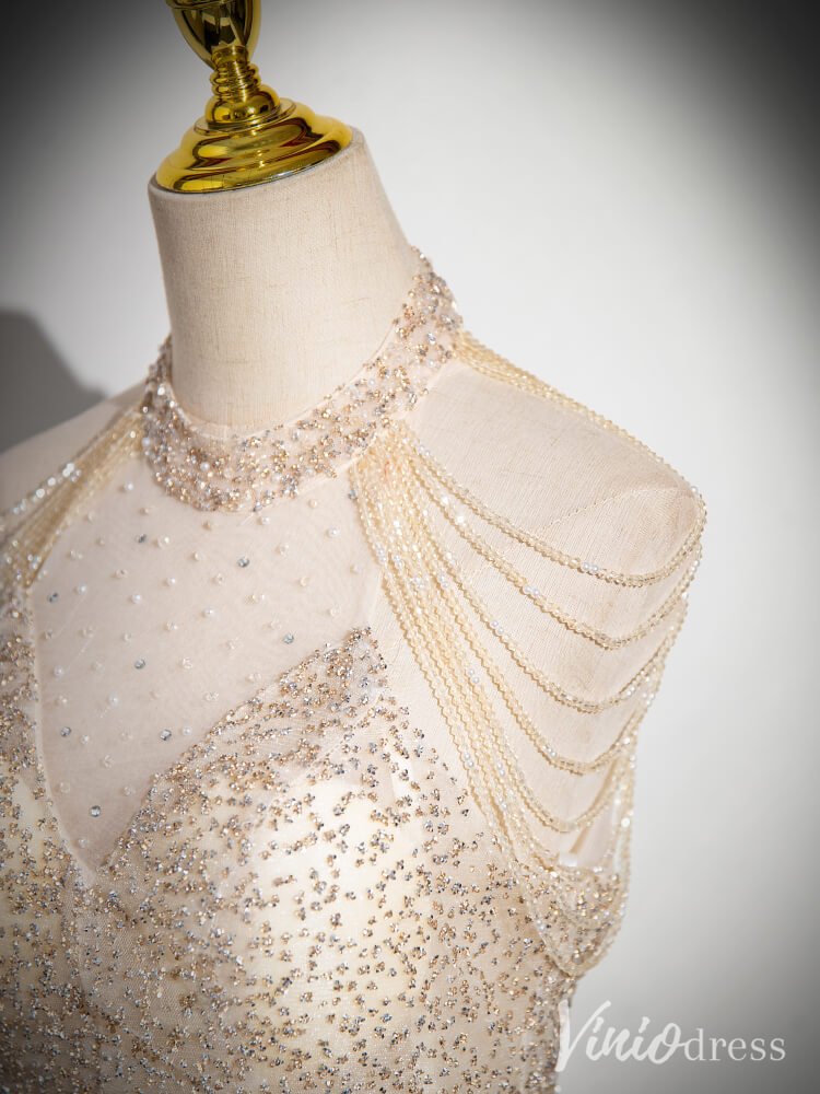 Champagne Halter Neck Prom Dresses Pearl String Evening Dress AD1347-prom dresses 2025 -Viniodress-Champagne-Custom Size-