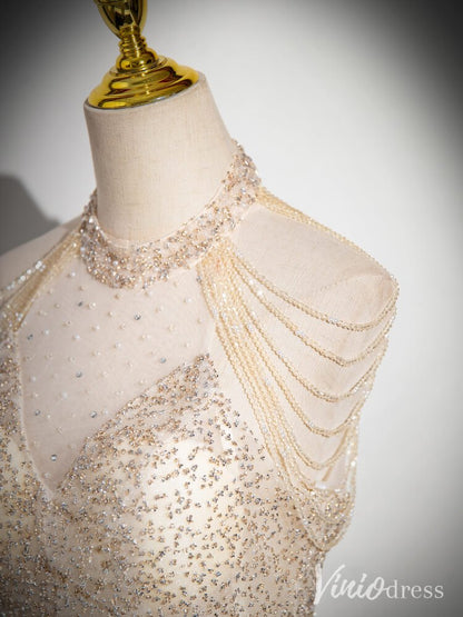 Champagne Halter Neck Prom Dresses Pearl String Evening Dress AD1347-prom dresses 2025 -Viniodress-Champagne-Custom Size-