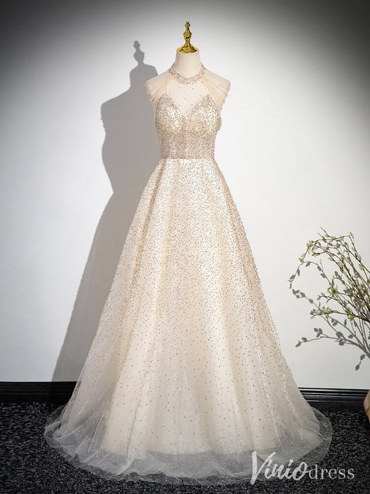 Champagne Halter Neck Prom Dresses Pearl String Evening Dress AD1347-prom dresses 2025 -Viniodress-Champagne-Custom Size-