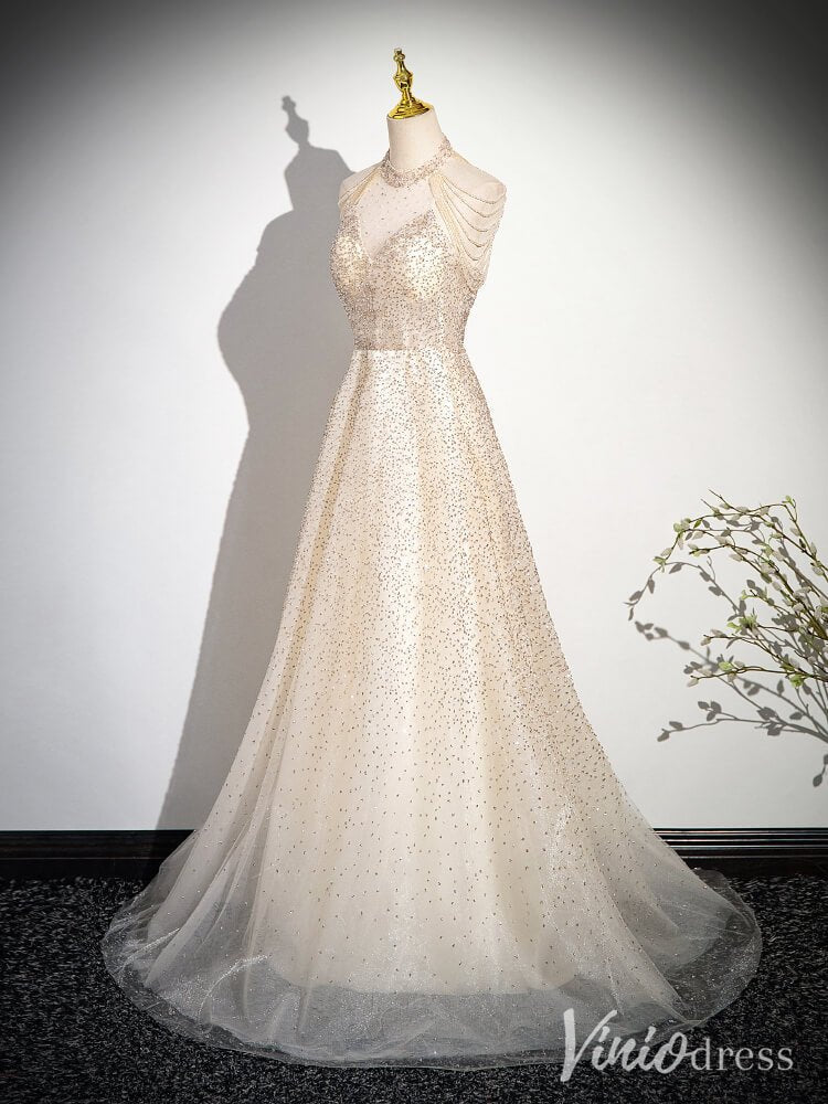 Champagne Halter Neck Prom Dresses Pearl String Evening Dress AD1347 –  Viniodress