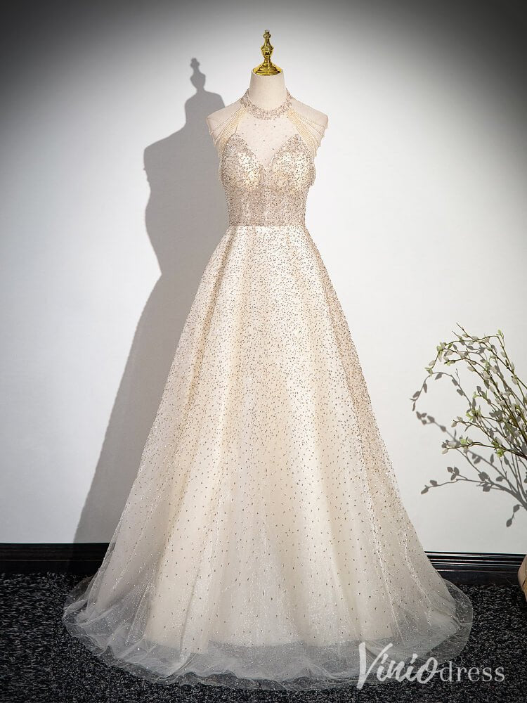 Champagne Halter Neck Prom Dresses Pearl String Evening Dress AD1347 –  Viniodress