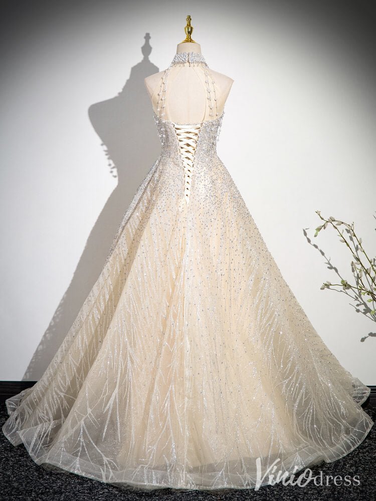 Champagne Halter Neck Prom Dresses Sparkly Beaded Lace Formal Dress AD1346-prom dresses 2025 -Viniodress-Champagne-Custom Size-