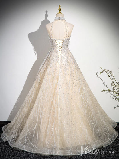 Champagne Halter Neck Prom Dresses Sparkly Beaded Lace Formal Dress AD1346-prom dresses 2025 -Viniodress-Champagne-Custom Size-