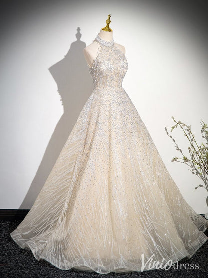 Champagne Halter Neck Prom Dresses Sparkly Beaded Lace Formal Dress AD1346-prom dresses 2025 -Viniodress-Champagne-Custom Size-